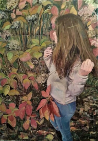 Painting titled "En el jardín" by Amaya F Fariza, Original Artwork, Oil Mounted on Wood Stretcher frame