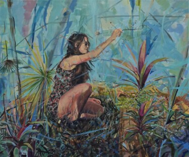 Painting titled "Mi Flor" by Amaya F Fariza, Original Artwork, Oil Mounted on Wood Stretcher frame