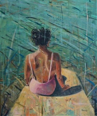 Painting titled "La bañista" by Amaya F Fariza, Original Artwork, Oil Mounted on Wood Stretcher frame