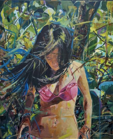 Painting titled "El bikini rosa" by Amaya F Fariza, Original Artwork, Oil Mounted on Wood Stretcher frame