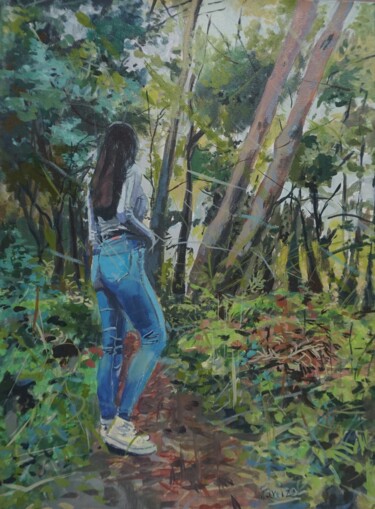 Painting titled "En el bosque" by Amaya F Fariza, Original Artwork, Oil Mounted on Wood Stretcher frame