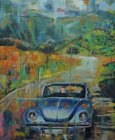 Painting titled "Coche en azules" by Amaya F Fariza, Original Artwork, Oil Mounted on Wood Stretcher frame