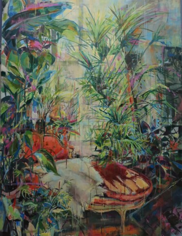 Painting titled "Rincón Floral" by Amaya F Fariza, Original Artwork, Acrylic Mounted on Wood Stretcher frame