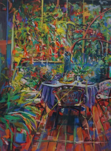 Painting titled "La merienda" by Amaya F Fariza, Original Artwork, Oil Mounted on Wood Stretcher frame