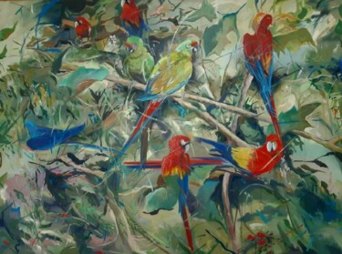 Painting titled "Loros" by Amaya F Fariza, Original Artwork, Oil Mounted on Wood Stretcher frame