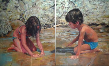 Painting titled "Niños en la arena (…" by Amaya F Fariza, Original Artwork, Oil