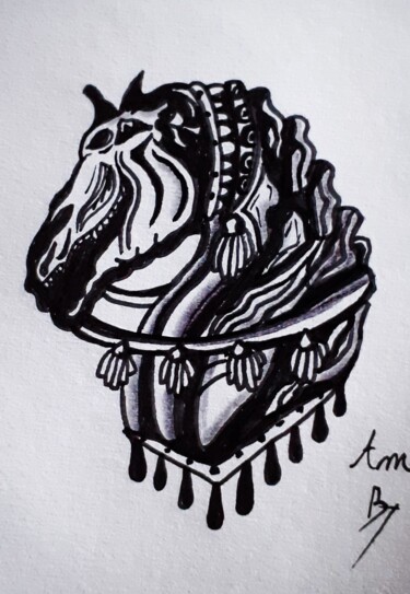 Zeichnungen mit dem Titel "The Reaper Horse" von Amazeigh Bouzékri, Original-Kunstwerk, Tinte