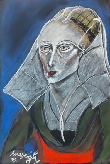 Disegno intitolato "La Dame Du Luthier" da Amazeigh Bouzékri, Opera d'arte originale, Pastello