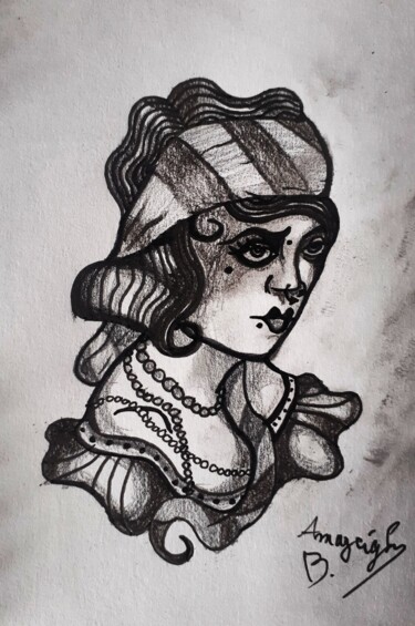 Dibujo titulada "La Bohémienne" por Amazeigh Bouzékri, Obra de arte original, Tinta