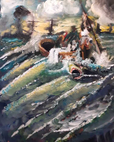 Peinture intitulée "Watson and The Shark" par Amazeigh Bouzékri, Œuvre d'art originale, Huile