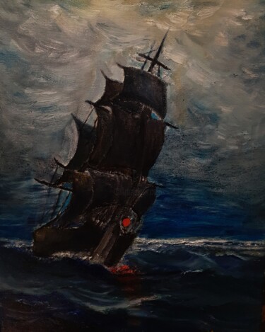 Painting titled "A Ship at Sea in Th…" by Amazeigh Bouzékri, Original Artwork, Oil Mounted on Wood Stretcher frame