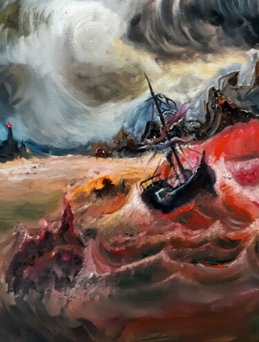 Pintura titulada "Un Navire en Feu, É…" por Amazeigh Bouzékri, Obra de arte original, Oleo Montado en Bastidor de camilla de…