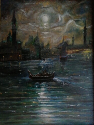 Painting titled "Le Fleuve Mystique…" by Amazeigh Bouzékri, Original Artwork, Oil Mounted on Wood Stretcher frame
