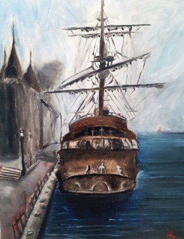 Painting titled "Un Bateau Au Port d…" by Amazeigh Bouzékri, Original Artwork, Oil Mounted on Wood Stretcher frame