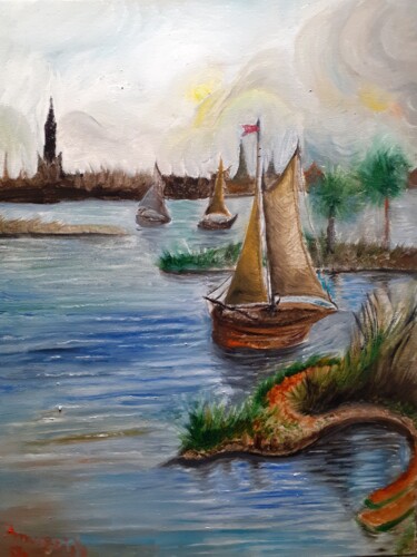 Peinture intitulée "Vue sur le Lac, Prè…" par Amazeigh Bouzékri, Œuvre d'art originale, Huile Monté sur Châssis en bois