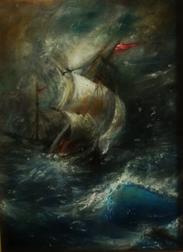 Painting titled "After Aivazovski, S…" by Amazeigh Bouzékri, Original Artwork, Oil Mounted on Wood Stretcher frame