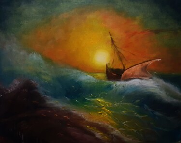 Painting titled "Based on Aivazovski…" by Amazeigh Bouzékri, Original Artwork, Oil Mounted on Wood Stretcher frame