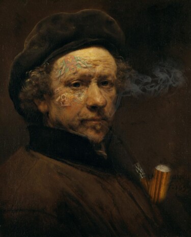 Arts numériques intitulée "Rembrandt, Avec sa…" par Amazeigh Bouzékri, Œuvre d'art originale, Collage numérique