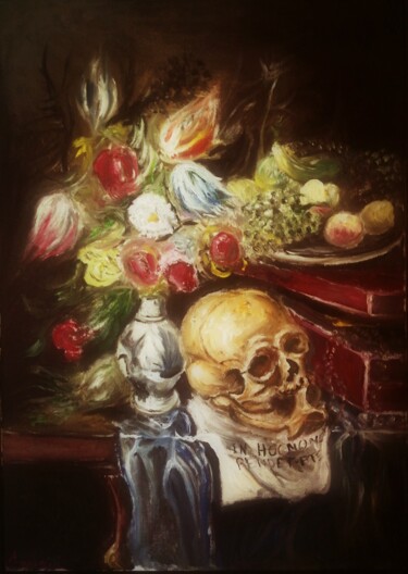 Schilderij getiteld "Vanité avec Un Vase…" door Amazeigh Bouzékri, Origineel Kunstwerk, Olie Gemonteerd op Frame voor houten…