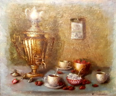 Картина под названием "Чай с ароматом детс…" - Елена Ледовских, Подлинное произведение искусства, Масло Установлен на Деревя…