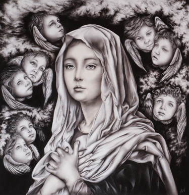 Zeichnungen mit dem Titel "Madonna degli Angeli" von Ambra Montemezzo, Original-Kunstwerk, Graphit Auf Karton montiert