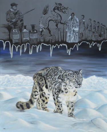 Peinture intitulée "Snow leopard fight…" par Ambre Kalène, Œuvre d'art originale, Huile Monté sur Châssis en bois