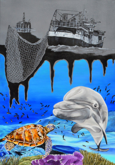 Peinture intitulée "Marine fauna agains…" par Ambre Kalène, Œuvre d'art originale, Huile Monté sur Châssis en bois