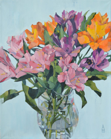 Bright flowers in a glass decanter. Spring bouquet Peinture intitulée "Bright flowers in a…" par Alena Magomedova (a.m.create), Œuvre d'art originale, Huile