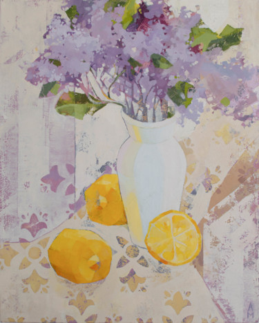 Still life with lilacs and lemons. Lilac bouquet. White vase Painting titled "Still life with lil…" by Alena Magomedova (a.m.create), Original Art, Oil