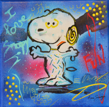 Painting titled "Snoopy heureux" by Âme Sauvage, Original Artwork, Acrylic Mounted on Wood Stretcher frame