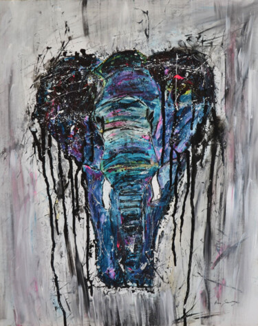 Painting titled "L'éléphant bleu" by Âme Sauvage, Original Artwork, Acrylic Mounted on Wood Stretcher frame