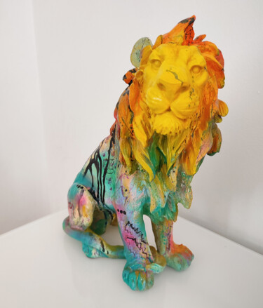 Sculpture intitulée "Le lion solaire - S…" par Âme Sauvage, Œuvre d'art originale, Acrylique