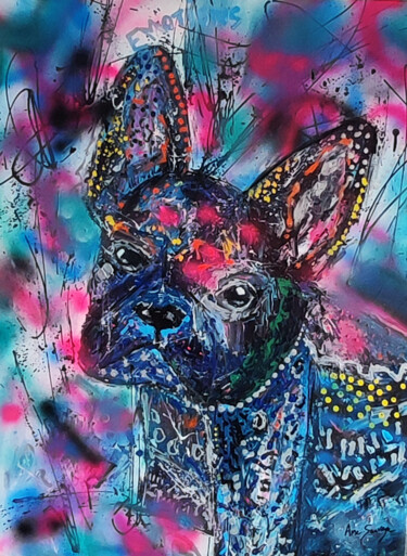 Pintura titulada "Bulldog disco - tab…" por Âme Sauvage, Obra de arte original, Acrílico Montado en Bastidor de camilla de m…