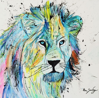 Painting titled "Blue lion - tableau…" by Âme Sauvage, Original Artwork, Acrylic Mounted on Wood Stretcher frame