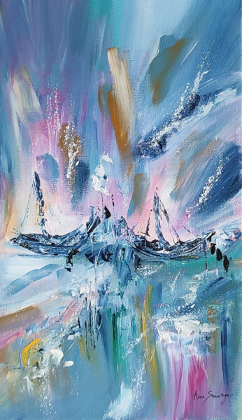 Pintura titulada "La barque - tableau…" por Âme Sauvage, Obra de arte original, Acrílico Montado en Bastidor de camilla de m…