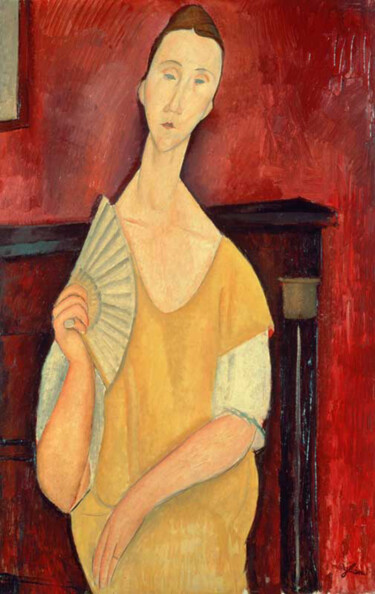 Pittura intitolato "Femme avec un évent…" da Amedeo Modigliani, Opera d'arte originale, Olio