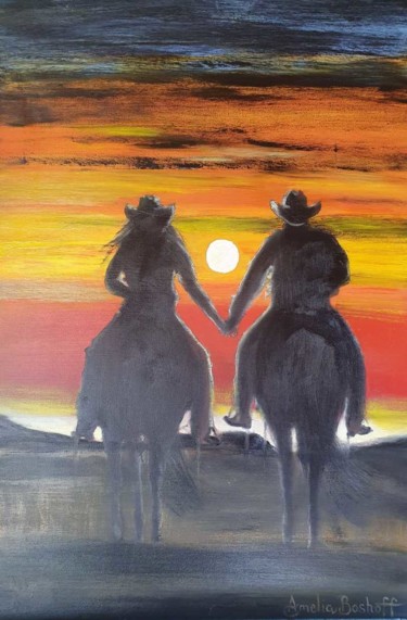 Painting titled "Riding into the Sun…" by Amelia Boshoff, Original Artwork, Oil