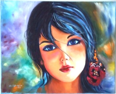 Peinture intitulée "Jovem-e-a-rosa" par Améliaassoreira, Œuvre d'art originale, Huile