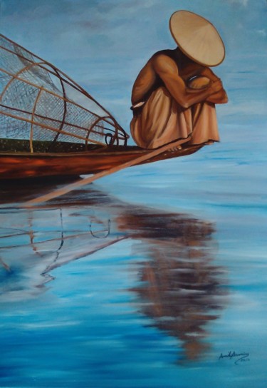 Painting titled "pescador-tailandes-…" by Améliaassoreira, Original Artwork, Oil