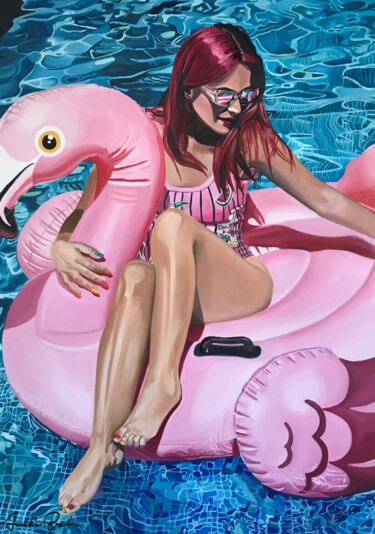Картина под названием "Flamingo in the pool" - Amélie Bourbon, Подлинное произведение искусства, Масло Установлен на Деревян…