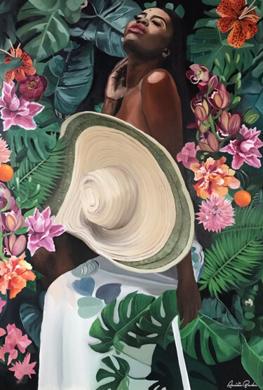 Malerei mit dem Titel "Woman with hat" von Amélie Bourbon, Original-Kunstwerk, Öl Auf Keilrahmen aus Holz montiert