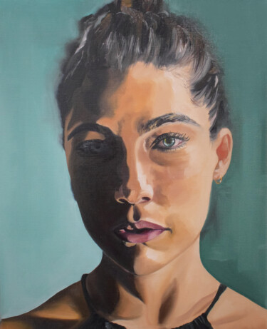 Painting titled "PORTRAIT VERT" by Amélie Bourbon, Original Artwork, Oil Mounted on Wood Stretcher frame