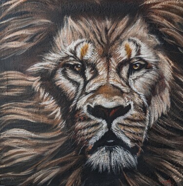 Painting titled "Le Lion" by Amélie Lavigne, Original Artwork, Acrylic Mounted on artwork_cat.