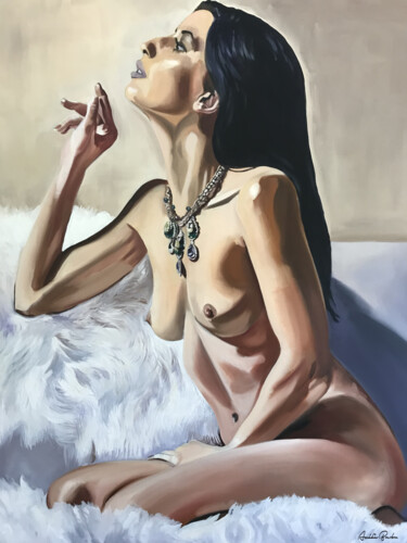 Dame à la fourrure Painting titled "Dame à la fourrure" by Amélie Bourbon, Original Artwork, Oil Mounted on Wood Stretcher frame