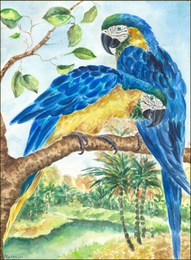 Malerei mit dem Titel "Blue Macaws" von Amelly Abraham, Original-Kunstwerk