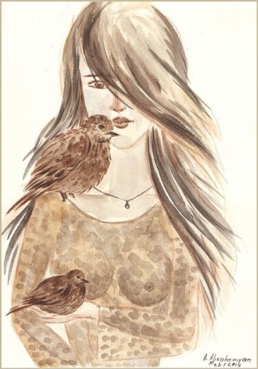 Malerei mit dem Titel "Girl and bird" von Amelly Abraham, Original-Kunstwerk