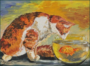Malerei mit dem Titel "Cat and Gold fish" von Amelly Abraham, Original-Kunstwerk