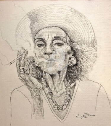 Drawing titled "vieille femme à la…" by Amena Nathan, Original Artwork, Graphite