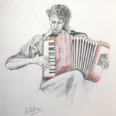 Zeichnungen mit dem Titel "accordéon. Dessin" von Amena Nathan, Original-Kunstwerk, Graphit