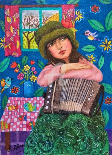 Painting titled "La petite accordéon…" by Amena Nathan, Original Artwork